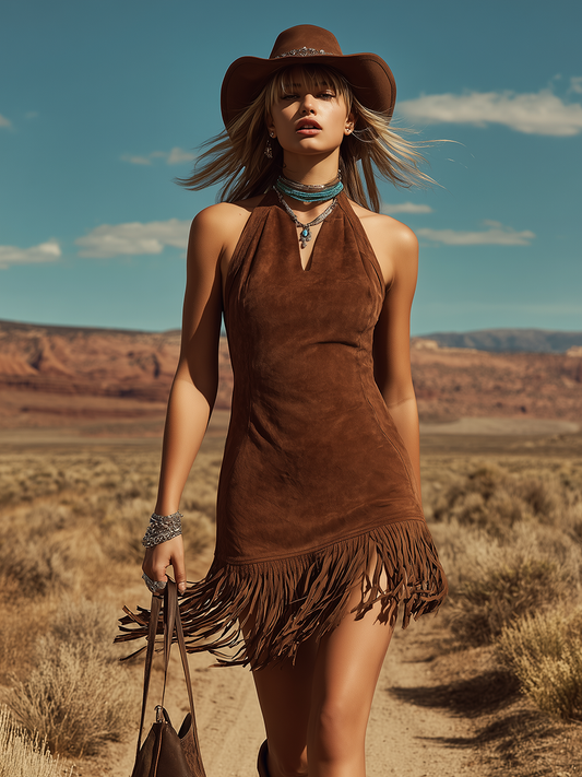 Bohemian Western Faux Suede Halter Mini Dress Brown