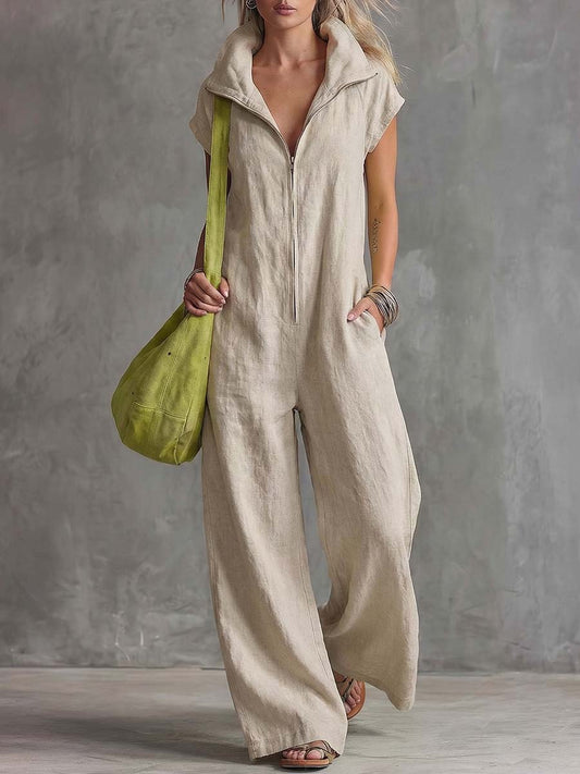 Casual Cotton-Linen Jumpsuit with Lapel Collar and Front Zipper