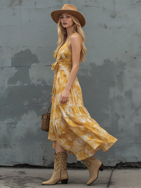 Retro Printed Chiffon Midi Dress V-Neck Sleeveless Yellow