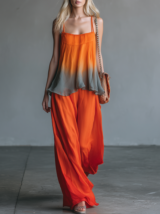 Retro Chic Sleeveless A-Line Gradient Top And Chiffon Trousers Set
