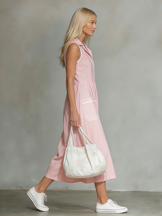 LQY Casual Sleeveless Collared Midi Dress with Pockets Everyday Wear