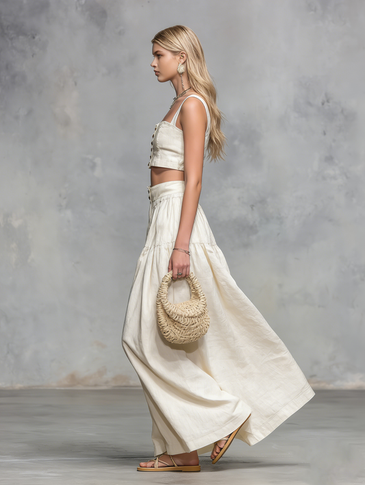 Elegant Square-Neck Sleeveless Crop Top And Long Skirt Set