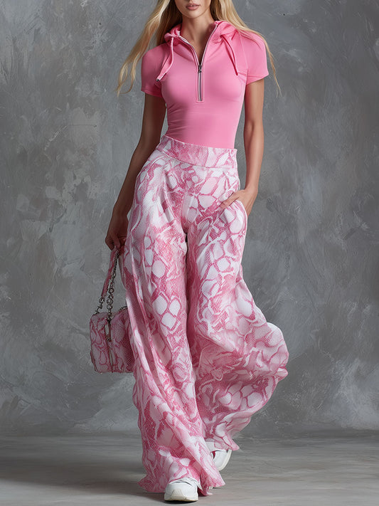 Pink Casual Hooded Short-Sleeve Top And Snakeskin Wide-Leg Pants Set