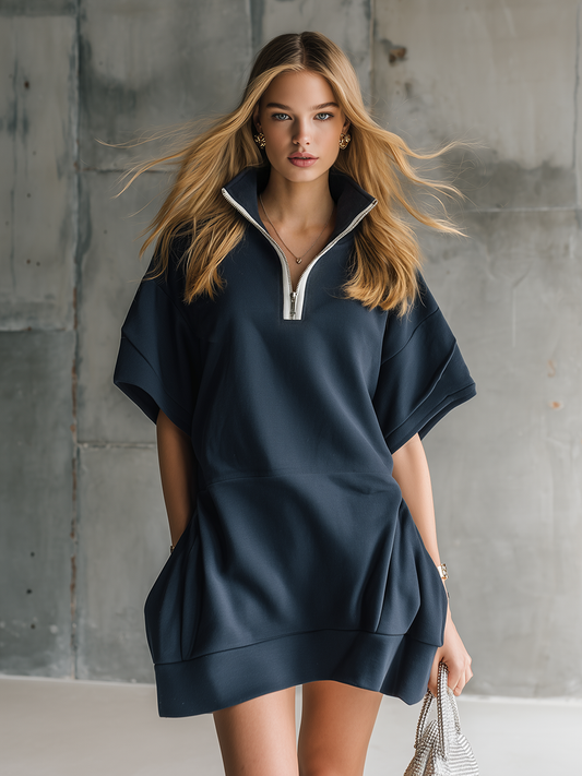 QMY Half-Zip Short Sleeve Mini Dress Dark Blue