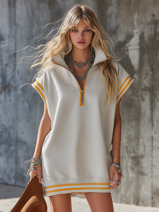 Retro-Sporty Half-Zip Sleeveless Mini Dress Light Gray