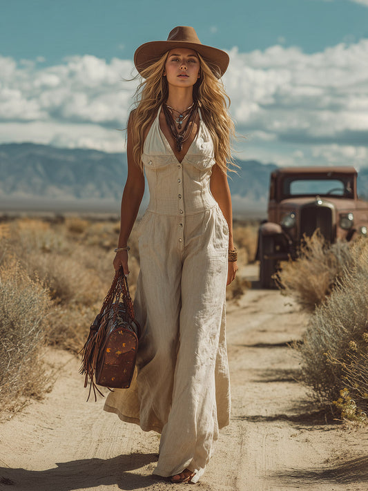 Retro Western Style Beige Cotton Linen Sleeveless Wide Leg Jumpsuit