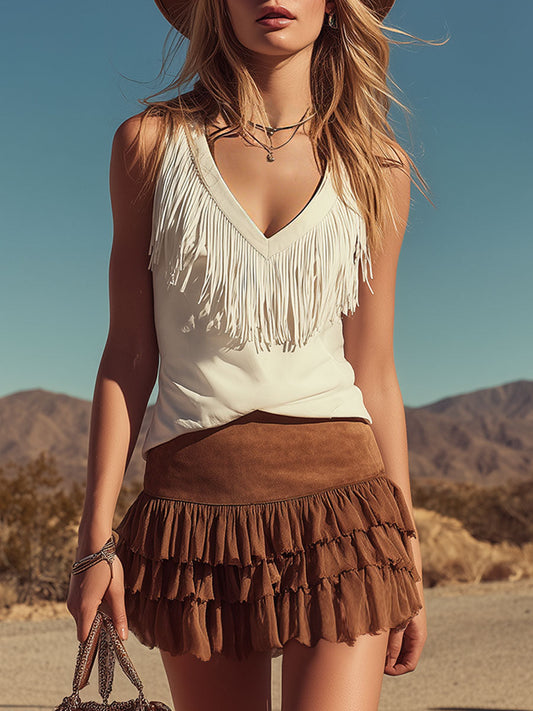 XWC Western Retro Fringed Faux Suede Top Skirt Set White