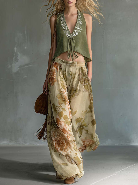 Retro Western Green Faux Suede Top and Printed Chiffon Set