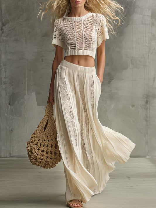 CSS Open-Knit Crewneck Top and Maxi Skirt Vacation Set Cream