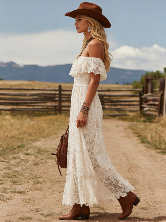 DJ Retro Off Shoulder Lace Maxi Dress Short Sleeved Beige