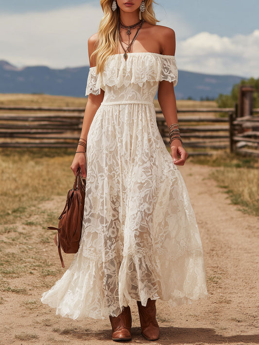 DJ Retro Off Shoulder Lace Maxi Dress Short Sleeved Beige
