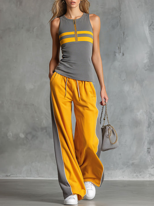 Retro Grey And Yellow Color-Block Sleeveless Top Wide-Leg Pants Set