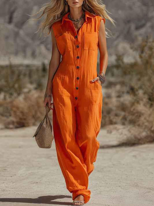 QMY Retro Western Sleeveless Jumpsuit Cotton-Linen Orange