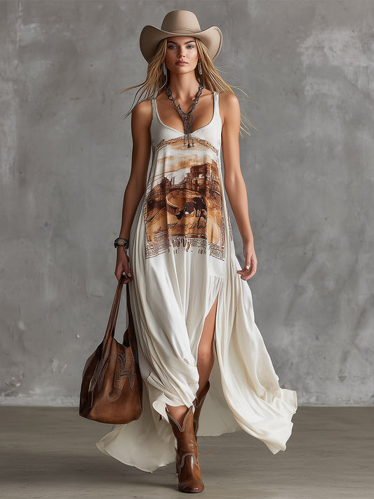 GY Vintage Western Print Chiffon Sleeveless Maxi Dress White