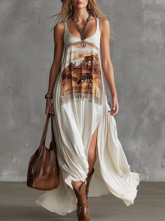 GY Vintage Western Print Chiffon Sleeveless Maxi Dress White