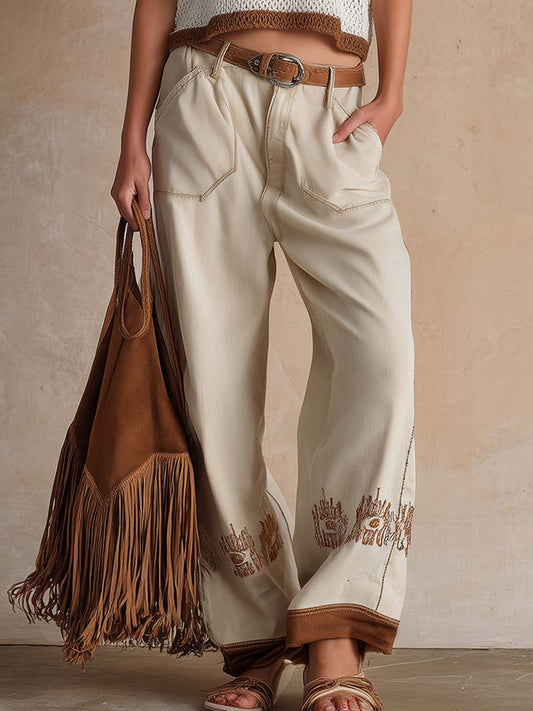 Retro Western Beige Cropped Denim Pants with Contrast Suede Cuffs