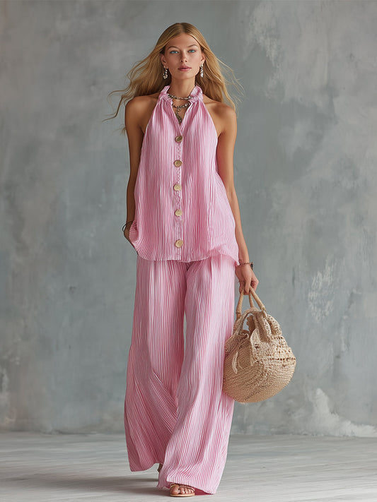 Chic Pink Striped Halter Vest and Wide-Leg Pants Set