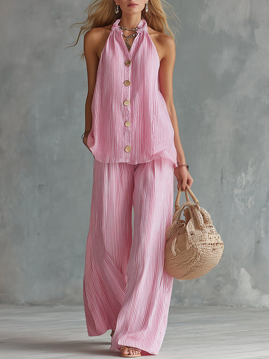 Chic Pink Striped Halter Vest and Wide-Leg Pants Set