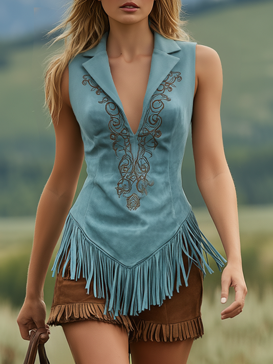 Bohemian Western Sleeveless Faux Suede Top with Tassel Ties