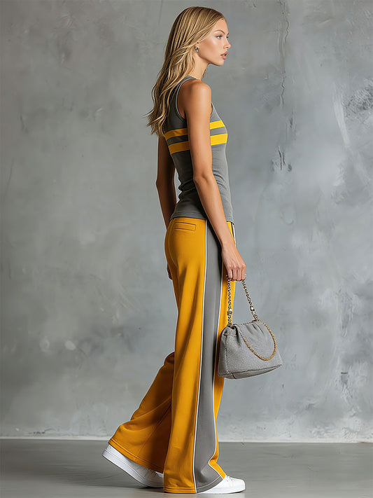 Retro Grey And Yellow Color-Block Sleeveless Top Wide-Leg Pants Set