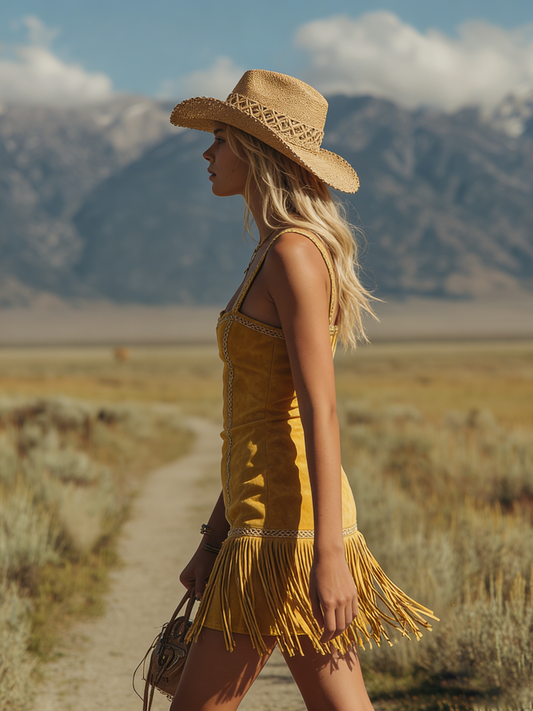 LQY Bohemian Western-Style Fringed Faux Suede Square-Neck Mini Dress