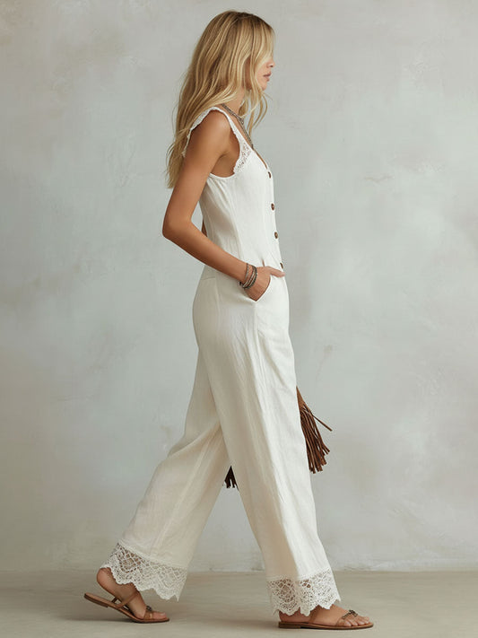 Retro Cotton Linen Lace-Trimmed Sleeveless Jumpsuit with Round Neck