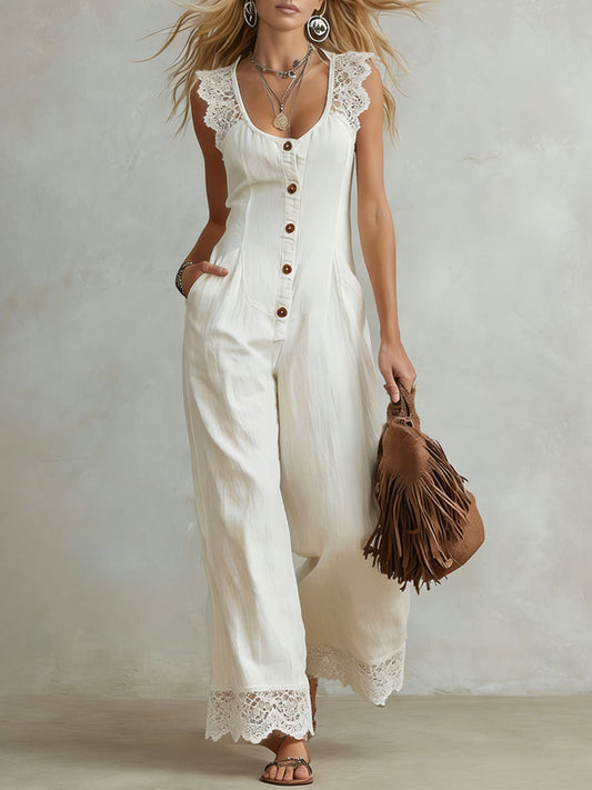 Retro Cotton Linen Lace-Trimmed Sleeveless Jumpsuit with Round Neck
