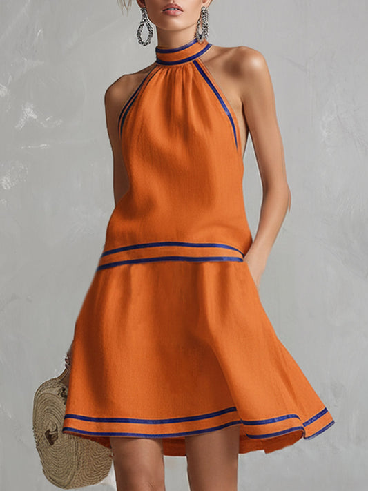 Orange Cotton Linen Halter Mini Dress with Contrast Piping