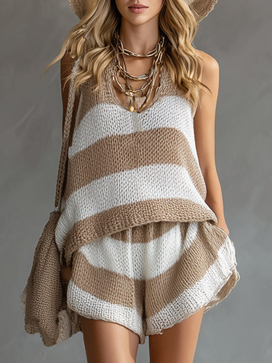 GY Striped Knit Tank Top And Shorts Vacation Set White