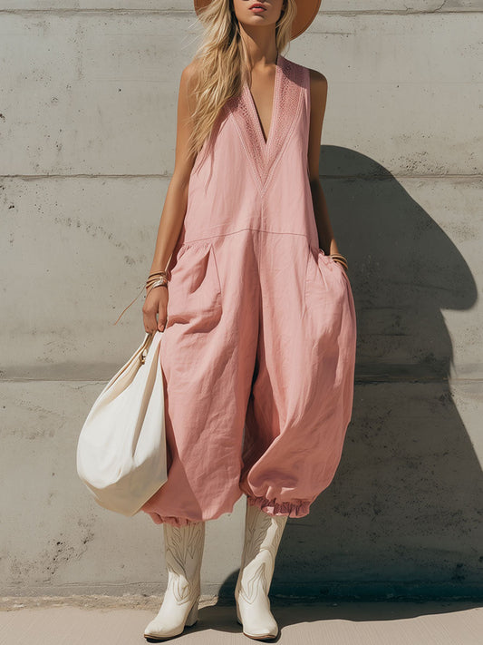Casual Retro Pink Cotton Linen V-Neck Lace Ruffle Sleeveless Jumpsuit