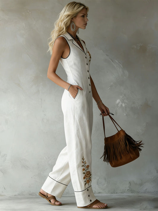 Retro Style Collared Embroidered Cotton Linen Sleeveless Jumpsuit
