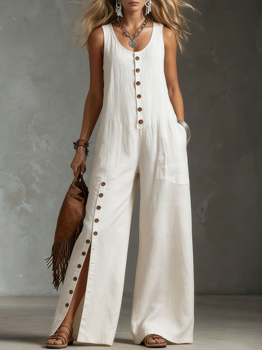 Retro-Style Round Neck Button-Down Cotton Linen Sleeveless Jumpsuit