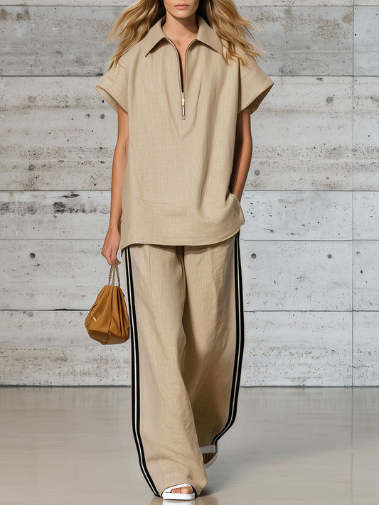 Casual Retro Apricot Cotton Linen Half-Zip Top And Pants Set