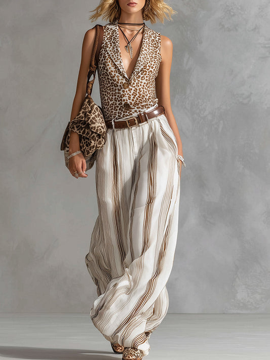 Chic Brown Leopard Print Vest And Striped Wide Leg Pant Set