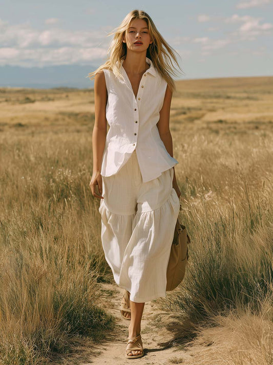 Elegant White Cotton Linen Button Up Top Ruffled Pants Set