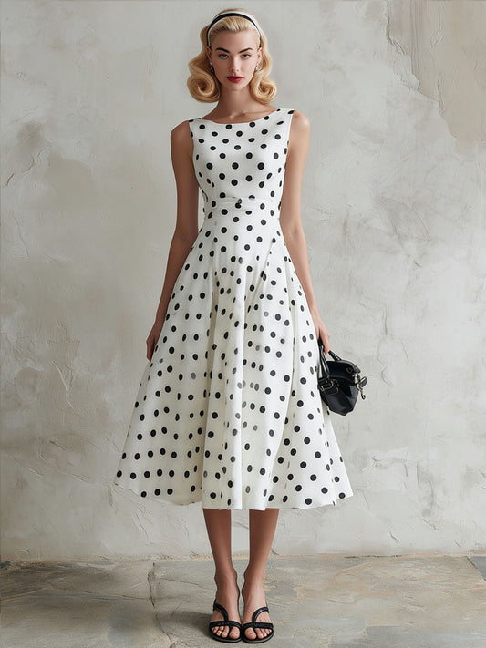 Retro Polka Dot Chiffon Midi Dress Sleeveless A-Line White