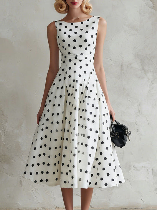 Retro Polka Dot Chiffon Midi Dress Sleeveless A-Line White