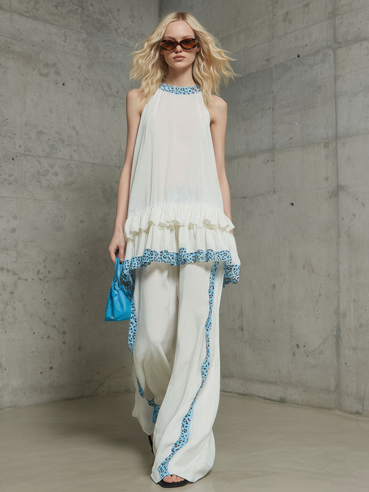 Chiffon Ruffled Sleeveless Top and Wide-Leg Pants Set - White/Leopard