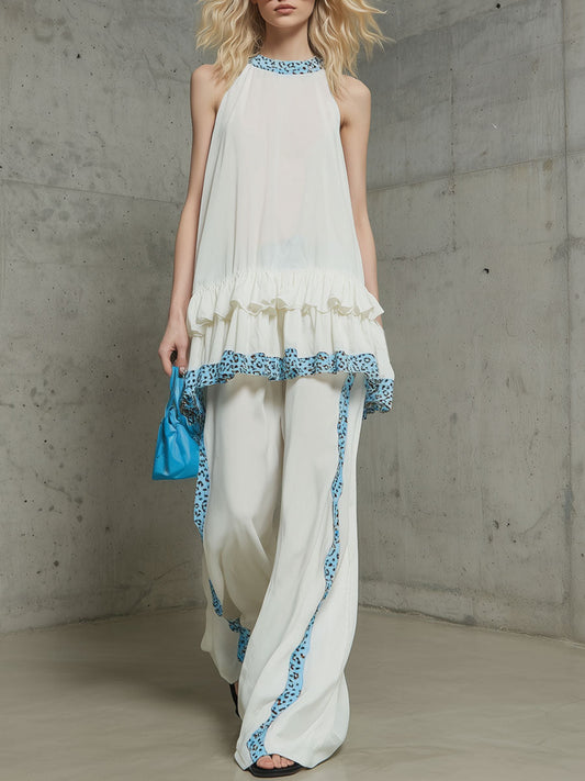 Chiffon Ruffled Sleeveless Top and Wide-Leg Pants Set - White/Leopard