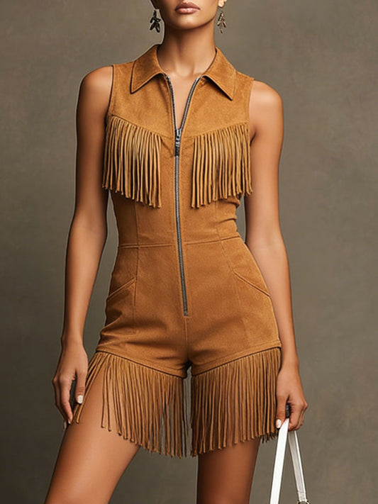 BXL Faux Suede Fringe Shorts Jumpsuit Caramel Western Retro