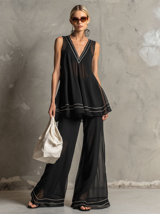 Retro Striped Black Chiffon A-Line Top And Flared Pants Set