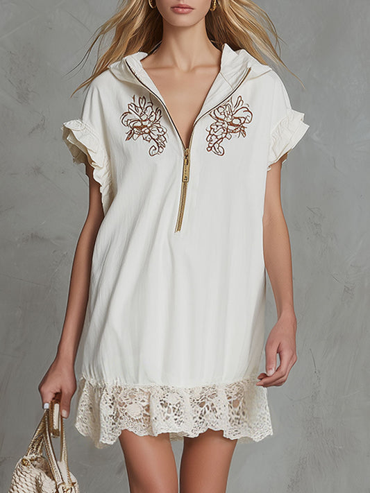Casual Retro Embroidered Lace Hooded Cotton Linen Mini Dress White