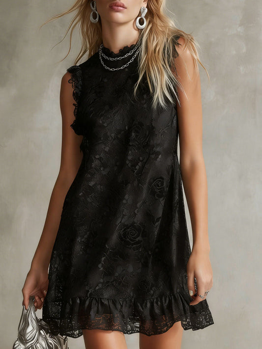 Black Lace Sleeveless Mini Dress Elegant Cocktail Evening Wear
