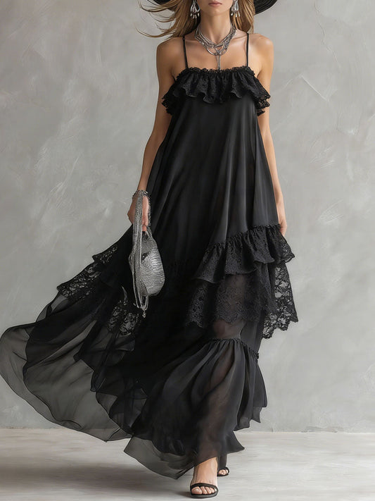 Elegant Black Chiffon and Lace Sleeveless Maxi Dress