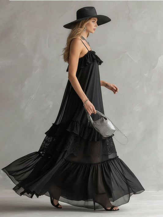 Elegant Black Chiffon and Lace Sleeveless Maxi Dress