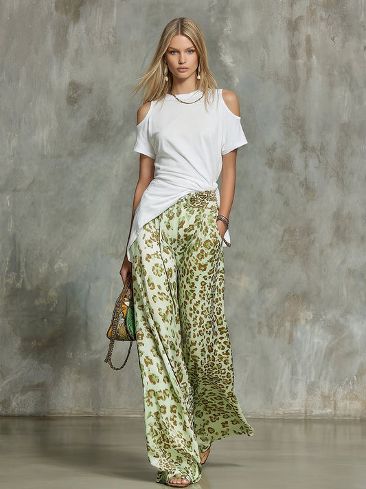 Off-Shoulder Short Sleeve Tee and Leopard Print Wide-Leg Pants Set