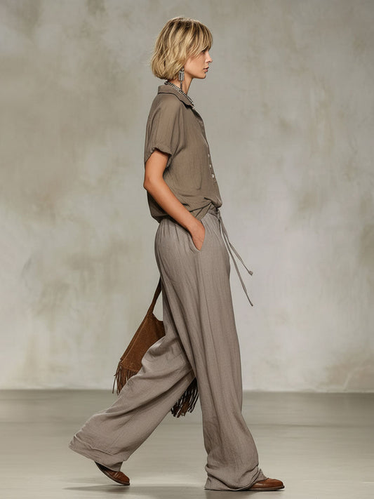 Collared Cotton-Linen Short-Sleeved Shirt and Wide-Leg Trousers Set
