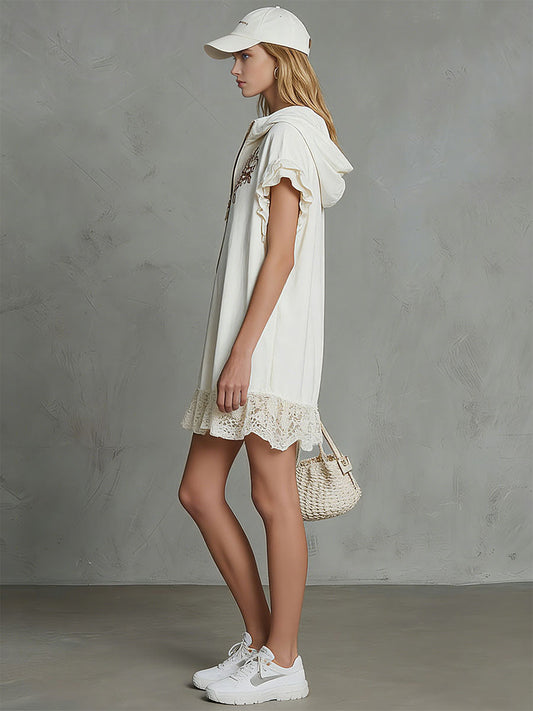 Casual Retro Embroidered Lace Hooded Cotton Linen Mini Dress White