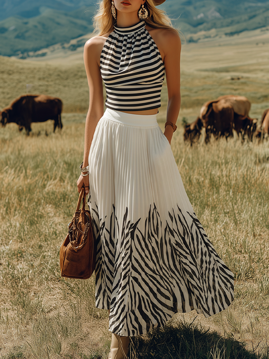 Bohemian Sleeveless Striped Top and Printed Chiffon Skirt Set
