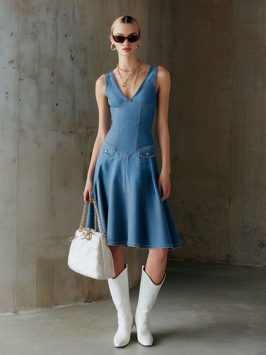 BXL Retro Blue Denim V-Neck Sleeveless A-Line Midi Dress